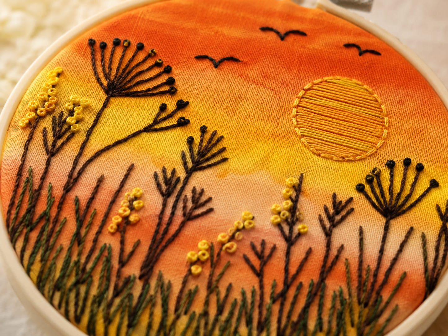Sunlit Meadow Embroidery Kit, Sunset Wildflower Hoop Kit, Hand Embroidery Kit for Beginners, Nature Stitching Kit, Textile Art Gift