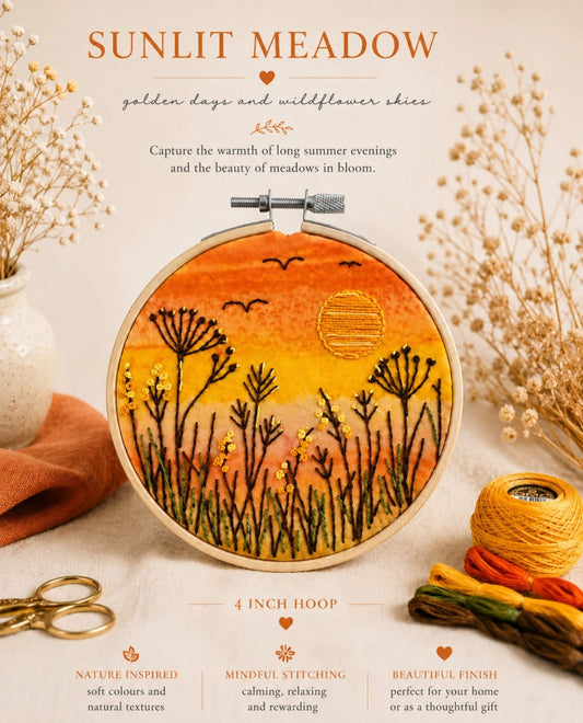 Sunlit Meadow Embroidery Kit, Sunset Wildflower Hoop Kit, Hand Embroidery Kit for Beginners, Nature Stitching Kit, Textile Art Gift