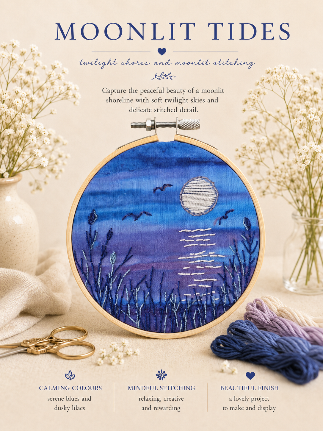 Moonlit Tides Embroidery Kit, Beginner Hand Stitching, Nature Inspired Textile Art (4 Inch Hoop)