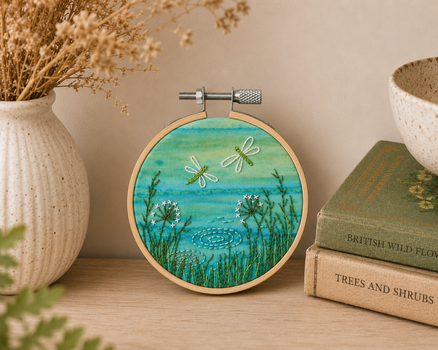 Dragonfly Dance Embroidery Kit, Beginner Hand Stitching, Nature Inspired Textile Art (4 Inch Hoop)