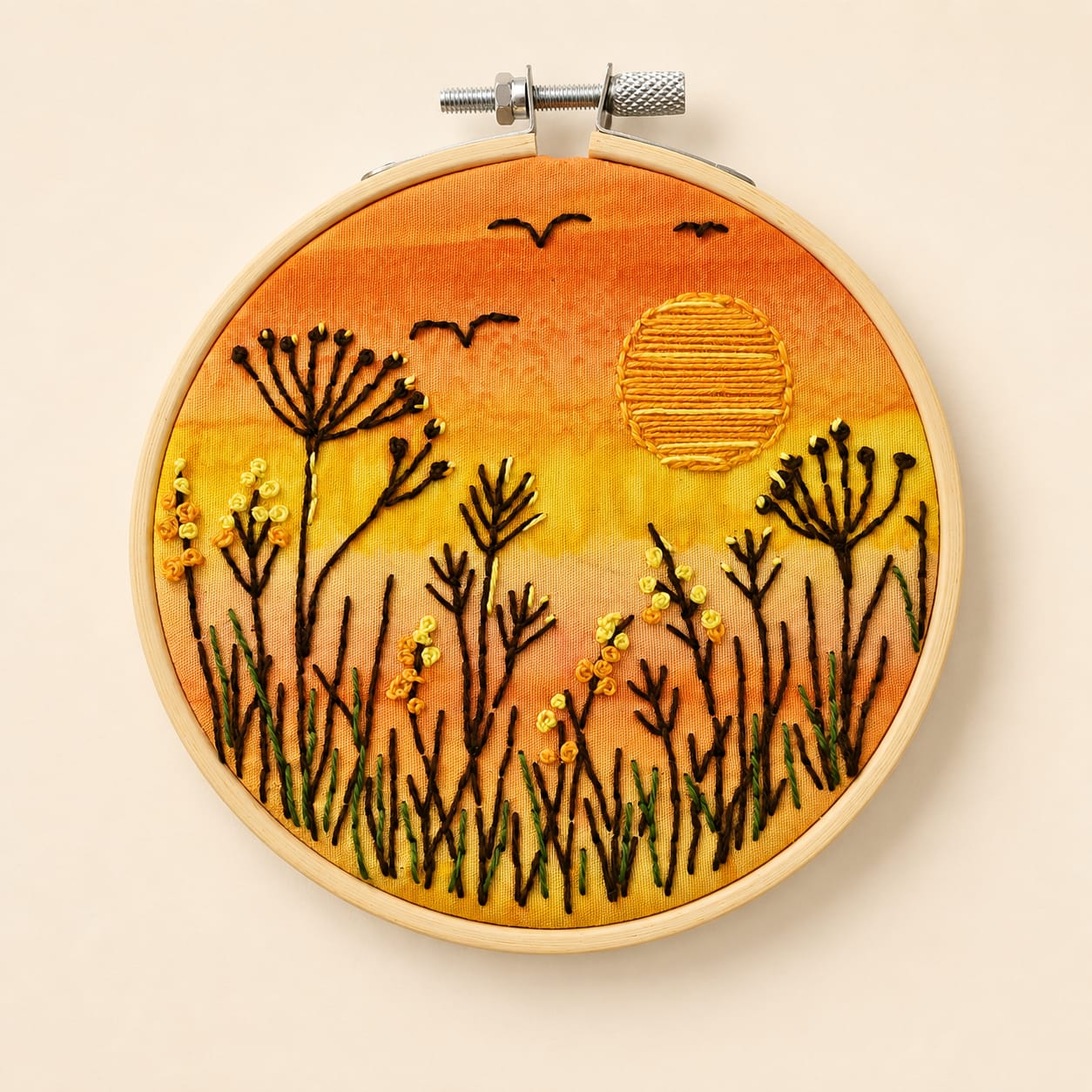 Sunlit Meadow Embroidery Kit, Sunset Wildflower Hoop Kit, Hand Embroidery Kit for Beginners, Nature Stitching Kit, Textile Art Gift