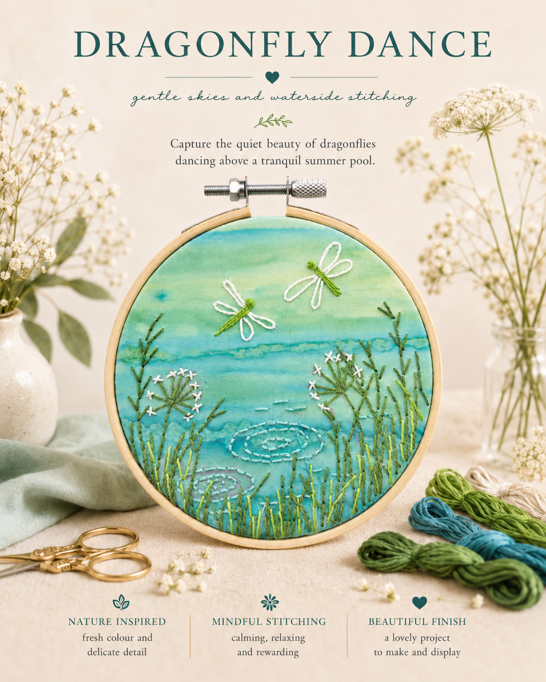 Dragonfly Dance Embroidery Kit, Beginner Hand Stitching, Nature Inspired Textile Art (4 Inch Hoop)