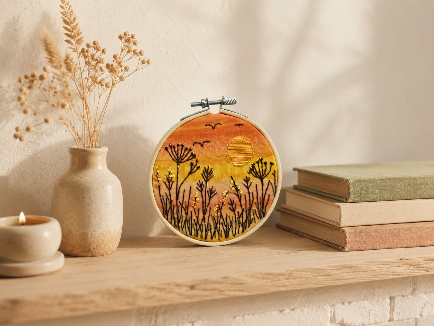 Sunlit Meadow Embroidery Kit, Sunset Wildflower Hoop Kit, Hand Embroidery Kit for Beginners, Nature Stitching Kit, Textile Art Gift