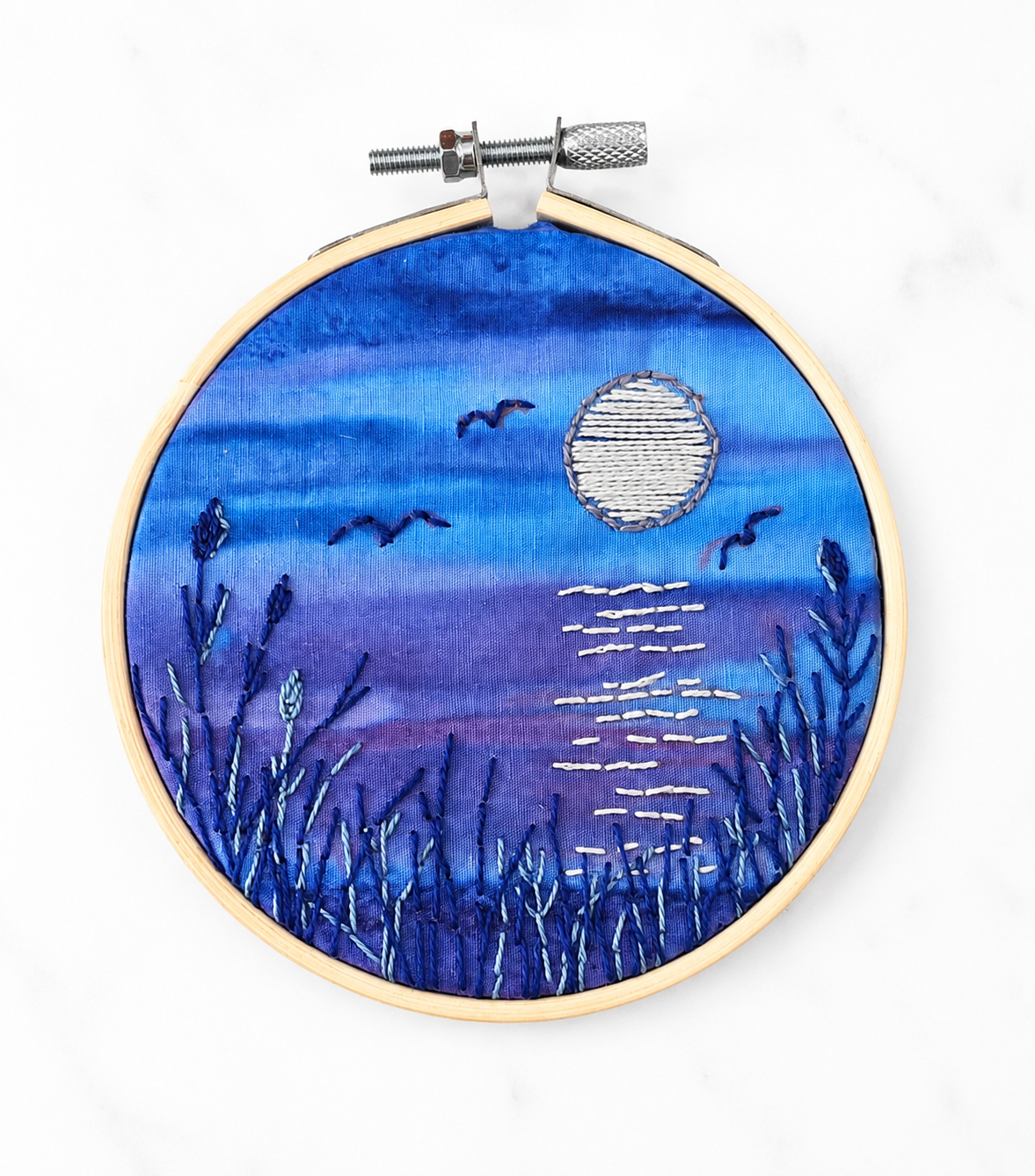 Moonlit Tides Embroidery Kit, Beginner Hand Stitching, Nature Inspired Textile Art (4 Inch Hoop)