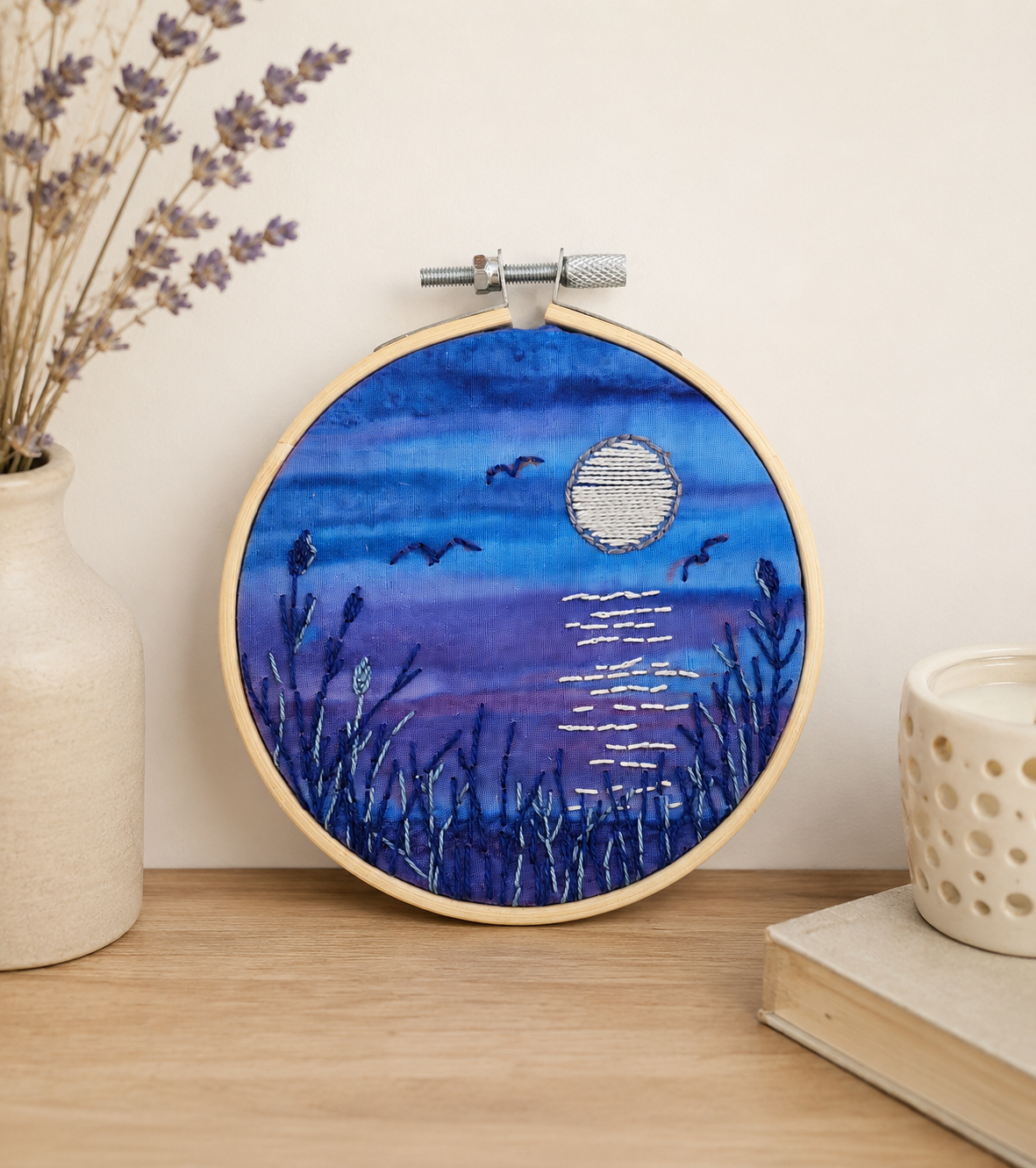 Moonlit Tides Embroidery Kit, Beginner Hand Stitching, Nature Inspired Textile Art (4 Inch Hoop)